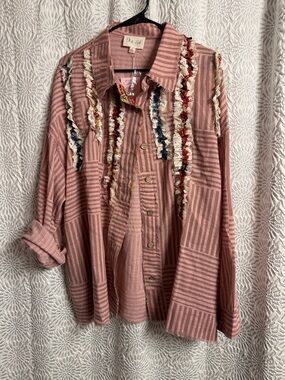 Oli & Hali Pink Striped Button-Up Shirt with Multicolor Fringe